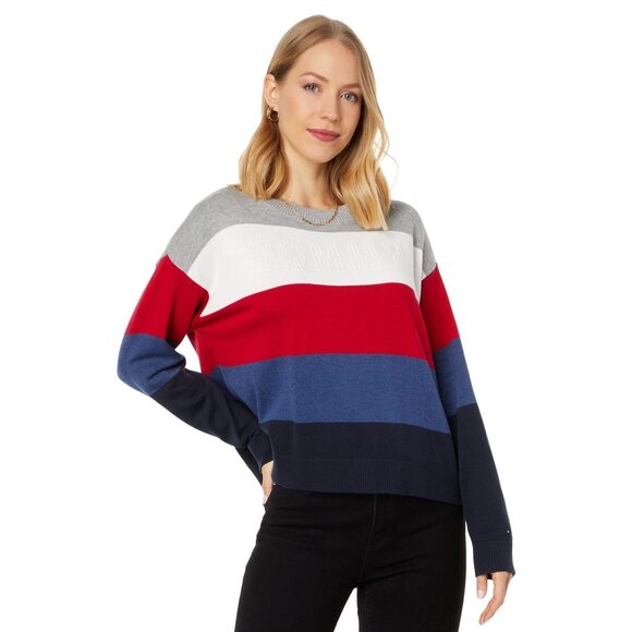 Tommy Hilfiger Sweaters - Tommy Hilfiger Women's Striped Sweater Ivory Scarlet Denim Heather XL